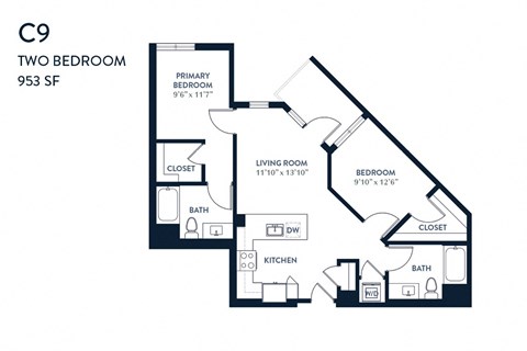 Floor plan for 2 beds, 2 baths, 953 sqft